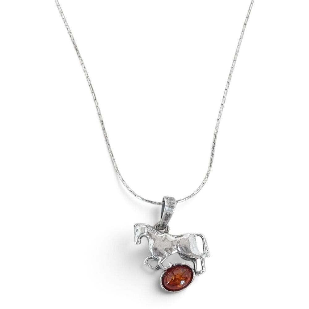 Vintage Baltic Amber Sterling Silver Horse Pendant Necklace Genuine Stone